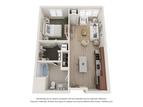 Floor plan for 1 bed, 1 bath, 637 sqft